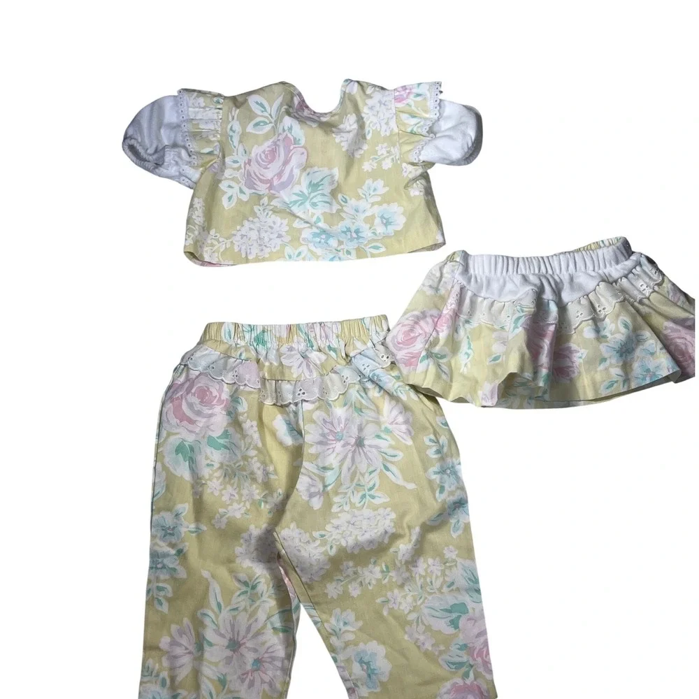 Vintage Evy Kids Floral 3 Piece Set Top Pants Skirt Pastel‎ Yellow Pink Lace 6-9